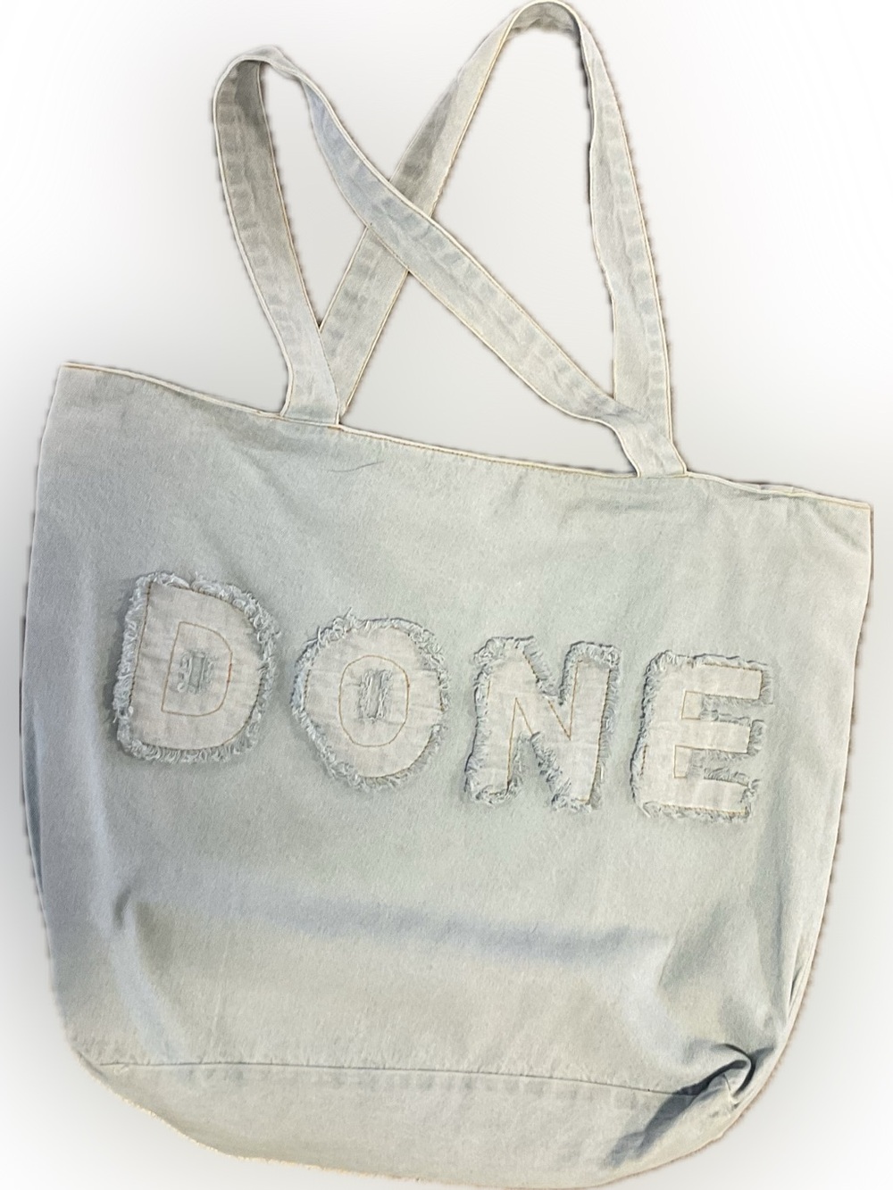 Frayed Letter Tote Bag in Light Beige - 'DONE' Patch